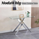 ModaWhly Glass Console Table, Narrow Entryway Table with Tempered Glass Top and Silver Metal Legs, Modern Sofa Table for Hallway, Foyer, Living Room, Office ModaWhly