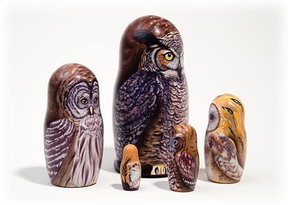 North American Owls 5 Piece Russian Wood Nesting Doll Matryoshka Stacking Dolls Golden Cockerel