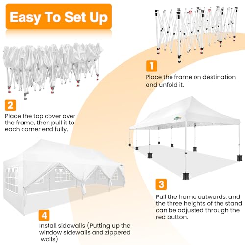 COBIZI 10x30 Pop up Canopy with Roller Bag & 8 Removable Sidewalls, Canopy Tent for Parties, Wedding, and Commercials, Waterproof and Instant Shelter UV50+ Outdoor Gazebo with 4 Sandbags(White) COBIZI