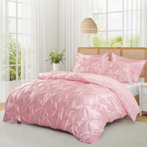 P Pothuiny 5 Pieces Satin Pintuck Duvet Cover Set, Silky Like Blush Pink Pinch Pleat Duvet Cover Full/Queen Size Luxury Bedding Set with Corner Ties, 2 Pillow Shams + 2 Pillowcases (No Comforter) P Pothuiny