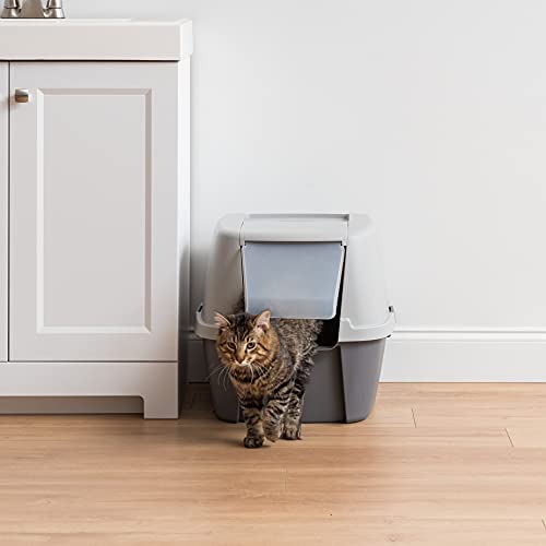 IRIS USA Jumbo Cat Litter Box Enclosure with Front Door Flap and Scoop, Hooded Kitty Litter Tray with Handle and Buckles for Portability and Privacy, Gray IRIS
