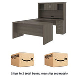 Bestar Logan U or L-Shaped Executive Office Desk with Pedestal and Hutch, Table Workstation for Personal Home Workspace, 66W, Bark Grey Bestar