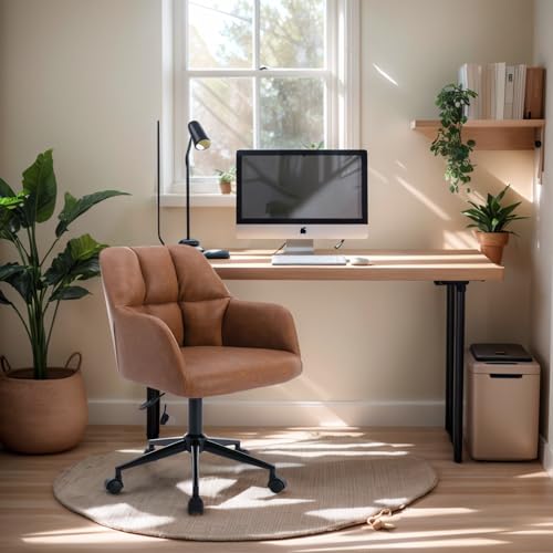 Brown Leather Desk Chair Office Chair with Mid Back Support Armrest, Adjustable-Height 360° Swivel Rolling Task Chair Home Office Modern Vanity Chair, Brown BESTANO
