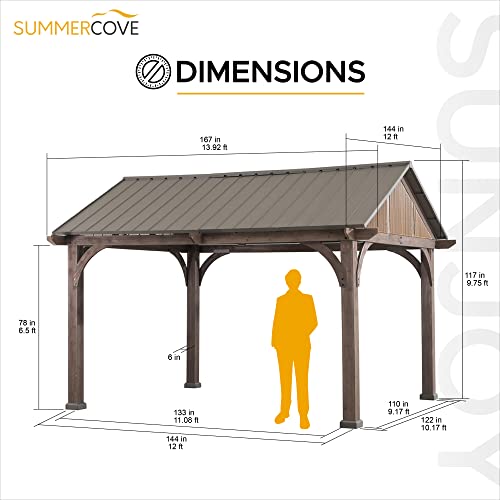 Sunjoy 12 x 14 ft. Hardtop Gazebo Premium Brown Cedar Wood Frame Gable Roof Gazebo with Ceiling Hook by SummerCove - WoodArtSupply