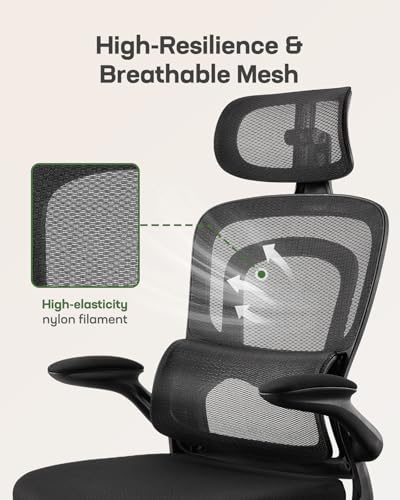 Marsail Office Chair Ergonomic-Desk Chair: High Back Mesh Office Chair with Lumbar Support,Flip-Up Armrests&2D Headrest,Gaming Chair with Rocking Tilt, Swivel Computer Task Chair for Long Hours Marsail