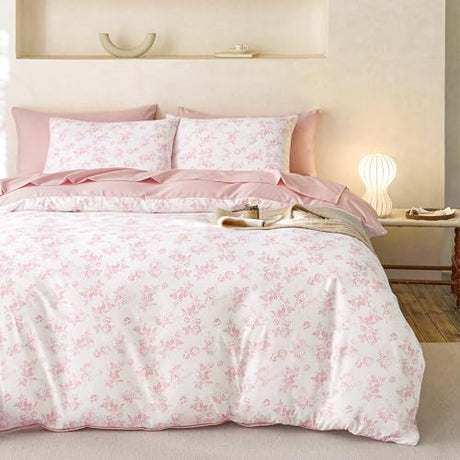 Wake In Cloud - Cottagecore Duvet Cover Set, Floral Vintage Flower Shabby Chic Coquette Aesthetic for Women Teen Girls, Soft Lightweight Bedding, 3-Piece, Pink, Twin/Twin XL Size Wake In Cloud