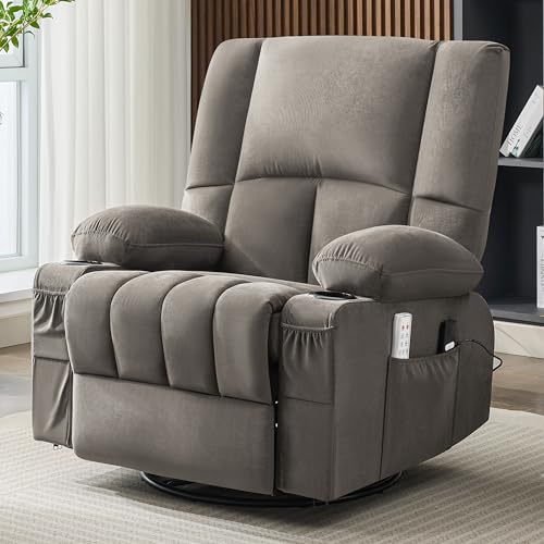 Reedvales Oversized Recliner Chairs for Adults, 270° Swivel Rocker Recliner with Heat and Massage Lazy Boy Recliner, Recliner Chairs Single Sofa Seat with Cup Holders (Grey, Electric)
