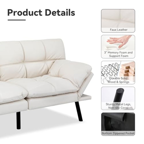 AMICLIBER Convertible Faux Leather Sofa Couch,Memory Foam Futon Couch Bed,Small Splitback Modern Loveseat Sleeper Sofa Bed for Living Room, Office, Apartment, Pear White AMICLIBER