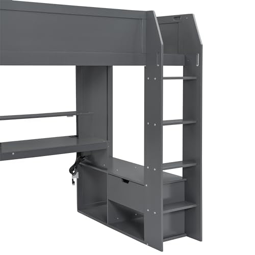 SOFTSEA Dark Grey Twin Gaming Loft Bed with Integrated Desk and Storage - WoodArtSupply