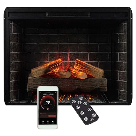 Modern Ember Uptown 33" Smart Electric Fireplace Insert with Remote Control, Compatible with Alexa - 1,000 Sq Ft Electric Heater with Realistic Flames and Log Set Modern Ember