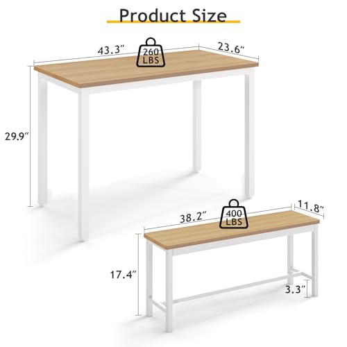 Rovibek 43" Dining Table Benches Set for 4, Modern Space Saving Kitchen Table Chairs & Adjustable Feet Breakfast Table 2 Benches, Wooden Industrial Style Farmhouse, White Rovibek