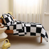 Caressma Checkered Toddler Bedding Set, Classic Black and White Plaid Bed Set, Fluffy Grid Buffalo Plaid 4 Pieces Kids Comforter Bed Set with Comforter, Fitted Sheet, Flat Sheet, Pillowsham Caressma