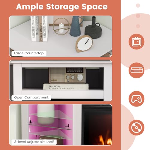 Tangkula Fireplace Corner TV Stand with LED Lights & Smart APP Control for 50 Inches TV, Entertainment Center with Adjustable Glass Shelves, 18” Electric Fireplace, Remote Control, Thermostat Tangkula