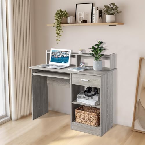 Karl home Computer Desk Study Writing Desk, Wooden Home Office Workstation PC Laptop Table with Drawer Shelf Keyboard Tray, Grey - WoodArtSupply