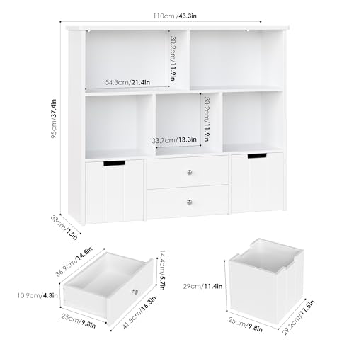 FOTOSOK Toy Storage Organizer with 4 Drawers, Toy Organizers and Storage with Concealed Wheels and 5 Storage Cubbies, Multifunctional Storage Chest Kids Storage Organization, Playroom Furniture, White