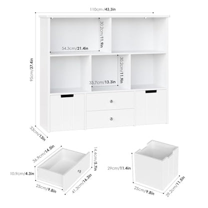 FOTOSOK Toy Storage Organizer with 4 Drawers, Toy Organizers and Storage with Concealed Wheels and 5 Storage Cubbies, Multifunctional Storage Chest Kids Storage Organization, Playroom Furniture, White