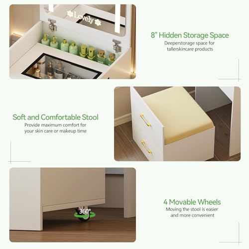 HNEBC 3 in 1 Vanity Desk with Plip Top LED Mirror,Small Dressing Table Set with Visible Glass Desktop,Compact Vanity with 3 Drawers,Storage Compartment and Padded Stool,for Bedroom(White) HNEBC