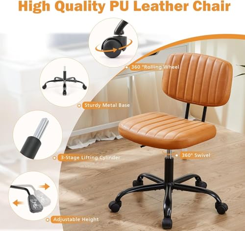 Sweetcrispy Small Office Desk Chair - Armless PU Leather with Comfy Lumbar Support, Height Adjustable Rolling Swivel Task for No Arms, for Adult, Student, Bedroom, Home, Vanity, Brown Sweetcrispy