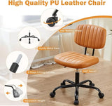 Sweetcrispy Small Office Desk Chair - Armless PU Leather with Comfy Lumbar Support, Height Adjustable Rolling Swivel Task for No Arms, for Adult, Student, Bedroom, Home, Vanity, Brown Sweetcrispy