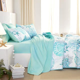 Wake In Cloud - Coastal Quilt Set, Nautical Ocean Beach Themed Tropical Summer Patterned, Reversible Lightweight Bedspread Coverlet, 3 Pieces, Aqua Turquoise, Twin/Twin XL Size Wake In Cloud