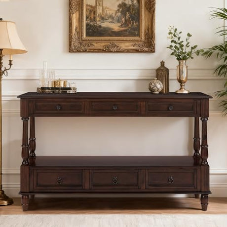 YWUFUART Vintage Solid Wood Console Table with 6 Drawers - 54" Hallway Sofa Table with Bottom Shelf for Entrance, Living Room & Foyer, Espresso YWUFUART
