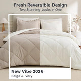 JOLLYVOGUE King Size Comforter Set, Soft Reversible Bedding for All Seasons, 3 Pieces Down Alternative Bed Set Includes 1 Lightweight Comforter (104"x90") and 2 Pillow Shams (20"x36"), Beige & Ivory JOLLYVOGUE