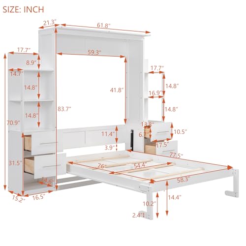 Merax Full Size Murphy Bed with 4 Storage Drawers, Wall Murphy Bed Full with Shelves and LED Lights, No Box Spring Needed, White Merax