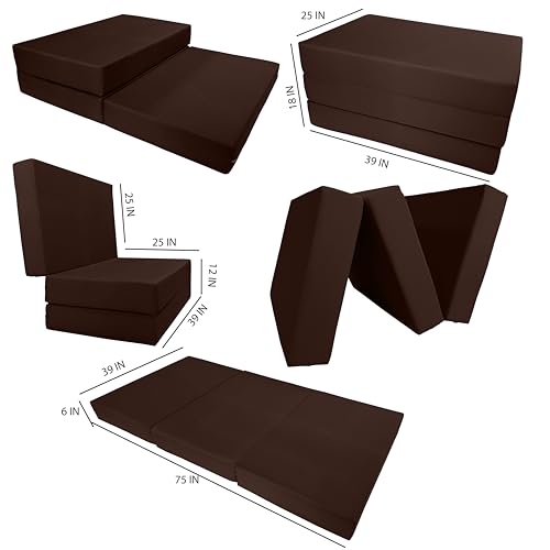 D&D Futon Furniture Brown Twin Size Shikibuton Trifold Foam Bed 6 x 39 x 75 Long, 1.8 Lbs High Density White Foam, Floor Foam Folding Mattress Ottoman D&D Futon Furniture
