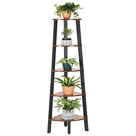 VASAGLE Industrial Bookcase, 5-Tier Corner Shelf, Plant Stand Wood Look Accent Furniture with Metal Frame for Home and Office ULLS35X, 12.8 x 13.4 x 62.6 Inches, Rustic Brown VASAGLE