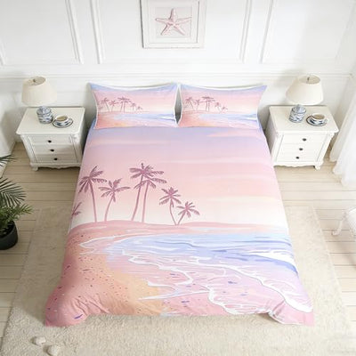 Homewish Pink Beach Duvet Cover Set Twin Size,Kids Girls Romantic Hawaii Ocean Style Bedding Set Teens Lover Room Decor,Palm Tree Comforter Cover Girly Summer Quilt Cover,1 Pillowcase,(No Comforter)