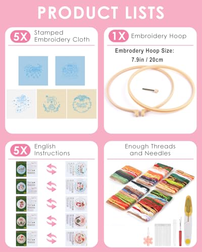TINDTOP Christmas Embroidery Kit for Adult, 5 Pack Embroidery DIY Starter Kit, with Stamped Patterns, Hoop, Tools, Colorful Threads with Needles, Instructions TINDTOP