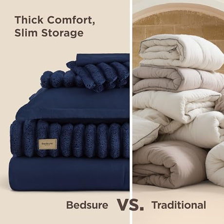 Bedsure Gentlesoft™ 2-in-1 King Size Comforter Set and Detachable Fluffy Blanket, Navy Blue Bedding Set for All Season Use, SnapTech™ Design for Space Saving (Includes 2 Pillow Shams, 2 Pillowcases) Bedsure