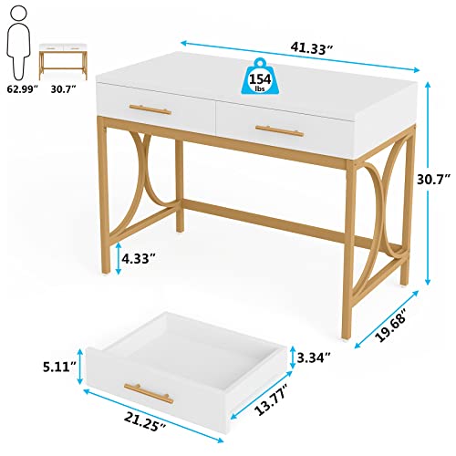 Tribesigns Modern Computer Desk with 2 Drawers, 41 Inches Study Writing Office Desk for Home Office, Bedroom, Makeup Vanity Table Desk with Gold Metal Frame, White & Gold