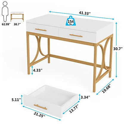 Tribesigns Modern Computer Desk with 2 Drawers, 41 Inches Study Writing Office Desk for Home Office, Bedroom, Makeup Vanity Table Desk with Gold Metal Frame, White & Gold