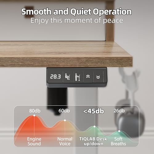 TIQLAB L Shaped 63 x 55 inch Standing Desk Adjustable Height, Electric Corner Standing Desk with 4 Drawers and Upper Shelf, Sit Stand Computer Table with Splice Board, Maple TIQLAB