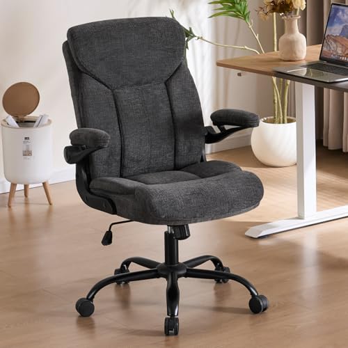 Executive Office Chair, Comfy Fabric Cloth Computer Chair Ergonomic Desk Chairs with Flip-up Armrests, Lumbar Support, 360° Swivel and Rocking Function for Home Office Chairs, Grey JOYNET