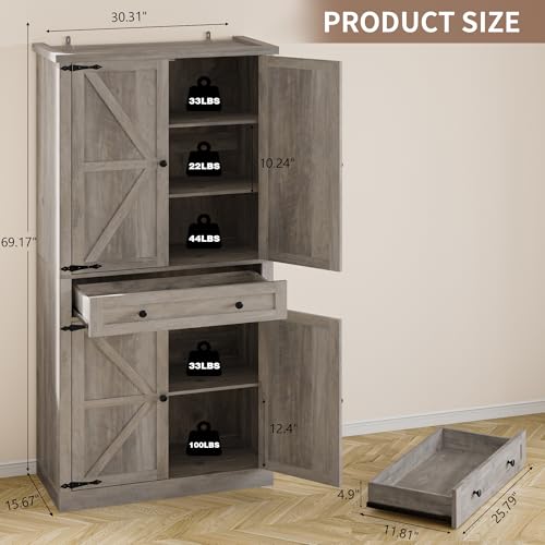 BORNOON Pantry Organizers and Storage Cabinet, 70” Barn Door White Kitchen Cabinet with Drawers and Adjustable Shelf, Tall Pantry for Kitchen, Dining Room, Living Room Bedroom BORNOON