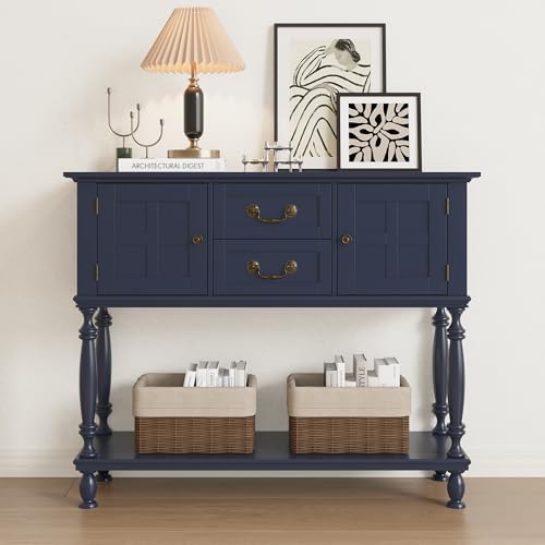 ZOSQUARE Farmhouse Console Table with 2 Drawers and 2 Cabinets, Sofa Table with Open Storage Shelf, Vintage Entryway Table for Entryway, Living Room, Hallway, Foyer ZOSQUARE