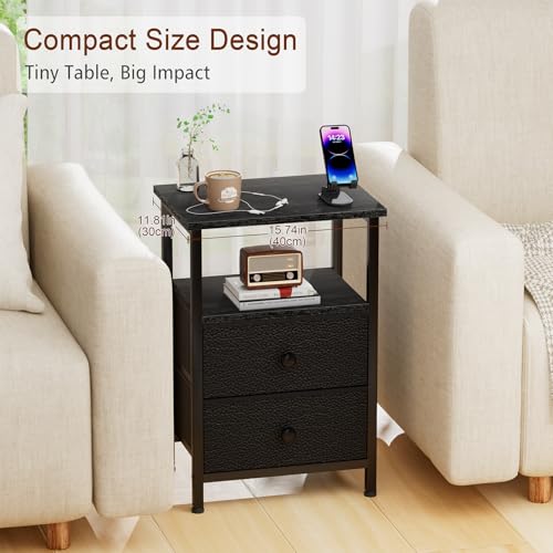 LOAKEKEL Night Stand Set 2, Bed Side Table with 2 Fabric Drawers, Nightstand with Open Storage Shelf for Bedroom, Small End Tables Living Room, Black, HETS002BK LOAKEKEL