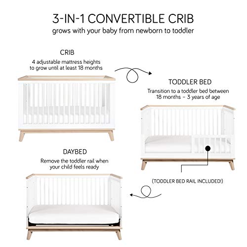 Babyletto Scoot 3-in-1 Convertible Crib with Toddler Bed Conversion Kit in White and Washed Natural, Greenguard Gold Certified babyletto