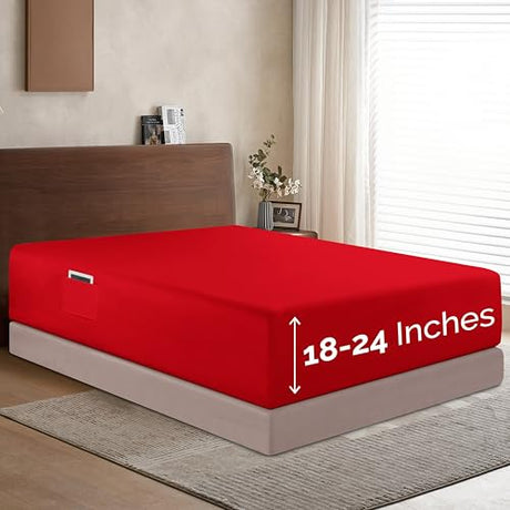 Elegant Comfort 1500 Premium Hotel Quality 18-24 Inches Deep - Extra Deep Pocket Single Fitted Sheet for High Mattress, Luxury and Softest, Smart Pocket - Wrinkle Free, Queen, Red Elegant Comfort