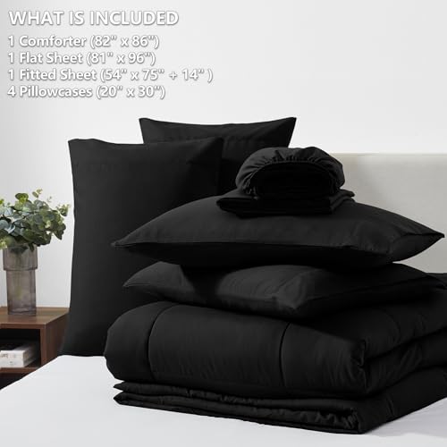 CozyLux Full Size Comforter Sets Black, 7 Pieces Bed in a Bag, Black Comforter Full Size, All Season Bedding Sets with Stitch Quilted Comforter, Flat Sheet, Fitted Sheet, Pillowcases CozyLux