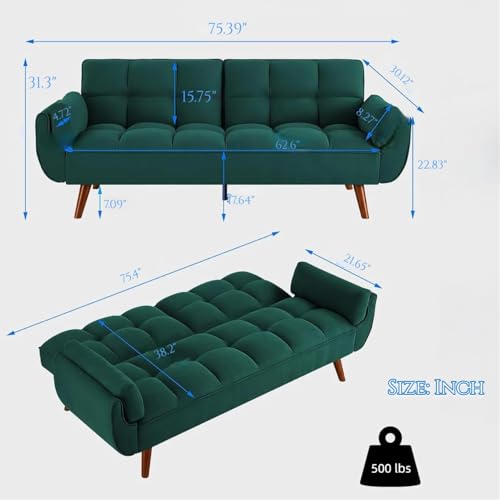 Trygoal Convertible Futon Sofa Bed, Modern Futon Couch with 2 Pillows, Small Futons Couch with Adjustable Armrest & Backrest, Loveseat Sofa Bed for Living Room, Bedroom, Green Trygoal