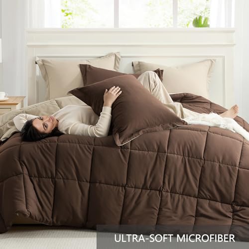 Homelike Moment Queen Comforter Set Brown, Comforters Queen Size Set Lightweight Reversible Down Alternative Bed Comforter Full Size Soft, All Season 3 Pieces Sets Brown/Beige Homelike Moment