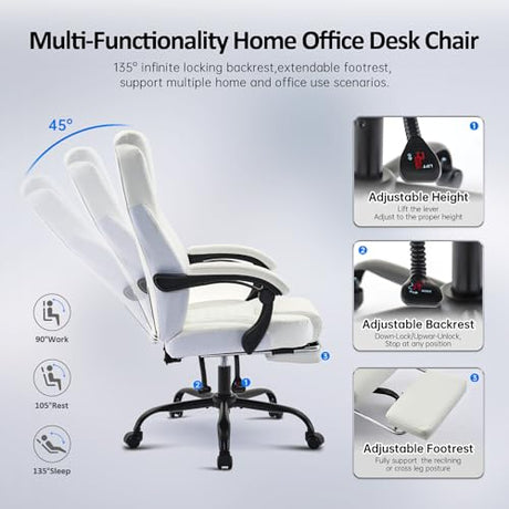 amseatec Office Chair, Big and Tall Office Chair with Foot Rest Ergonomic Chair Home Office Desk Chairs Reclining High Back Leather Chair with Lumbar Support(White) amseatec