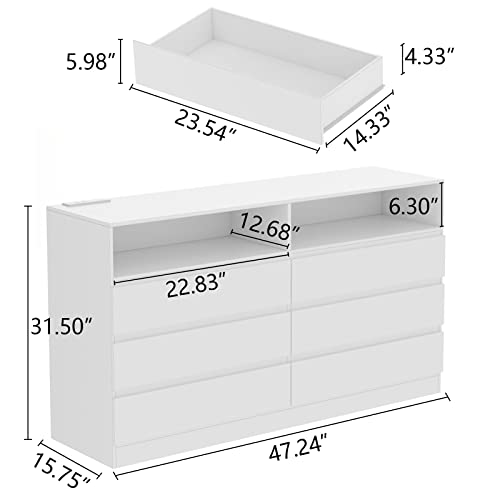 Gyfimoie 6 Drawer Double Dresser with Power Outlet, Accent Chests of Drawers with LED Light, Modern White Storage Dresser with Charging Station (Mirror Not Included) - WoodArtSupply