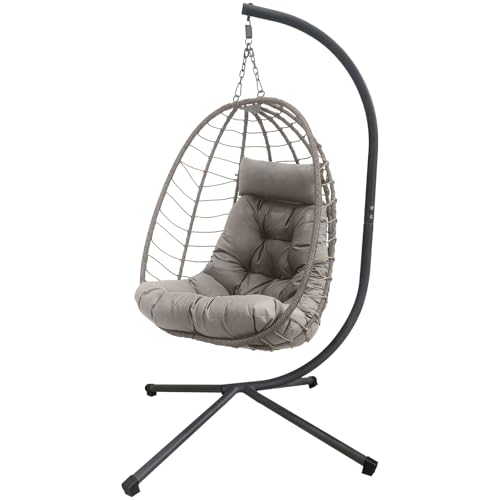 XLRUISEN Hanging Egg Chair with Stand, Outdoor Indoor Rattan Wicker Swing Chair, Foldable Patio Hammock with Cushion, Dark Grey, 350 LBS Capacity (Light Grey) XLRUISEN