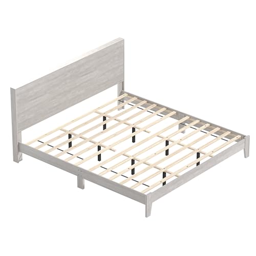 Galano Payne King Size Wood Platform Bed Frame with Headboard in Dusty Grey Oak - WoodArtSupply