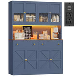 FINETONES 71" Pantry Cabinet with LED Light and Charging Station, Farmhouse Kitchen Pantry Cabinet with Microwave Stand, 47.2" Wide Kitchen Hutch Food Pantry with Open Countertop, Blue FINETONES