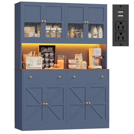 FINETONES 71" Pantry Cabinet with LED Light and Charging Station, Farmhouse Kitchen Pantry Cabinet with Microwave Stand, 47.2" Wide Kitchen Hutch Food Pantry with Open Countertop, Blue FINETONES